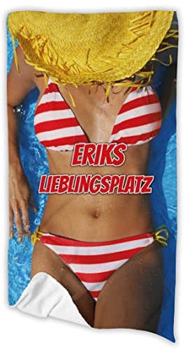 Unikatolo Badetuch Bikini Motiv mit Name personalisiert 70 x 140 cm | Männergeschenk witziges individuelles Geschenk Erwachsene Sommer Deko Strandtuch Reisegutschein