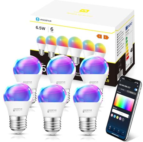 Aigostar Lampadine Alexa, Lampadine Wifi G45 E27 6.5W, Lampadina Smart RGBCW Compatibile con Alexa/Google Home, Nessun Hub Richiesto. Funzionamento a Distanza, Controllo Vocale, 6 Unità.