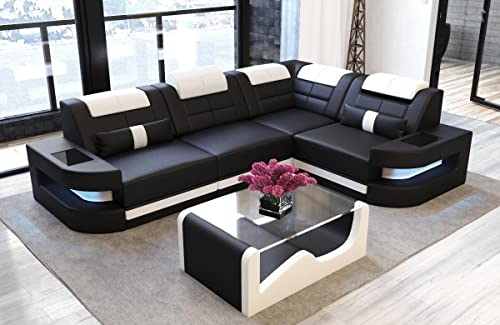 Sofa Dreams Ecksofa Como L Form Ledersofa - mit LED Beleuchtung, verstellbare Kopfstützen, Lederfarben wählbar/Ausrichtung wählbar (Ecke rechts, Schwarz-Weiß)