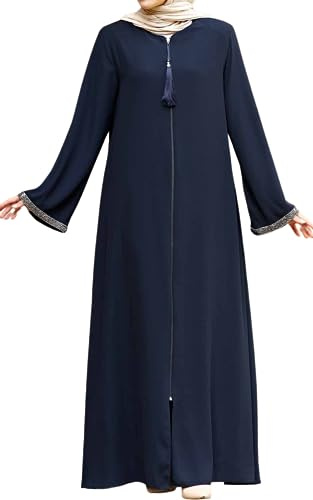 istanbul styles Damen-Abaya, langärmelig, offener Steinbruch, bodenlang, Reißverschluss, bodenlang, türkisch-islamische Mode (DE/NL/SE/PL, Alphanumerisch, 3XL, Regular, Regular, Navy blau)
