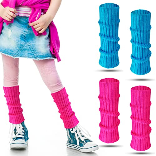 Loopeer 2 Pairs 80s Neon Leg Warmers for Girls Toddler Knit Ribbed Leg Socks for 1980s Party Cosplay Costume Accessory(11.02 x 2.76 In,Rose Red, Lake Blue)