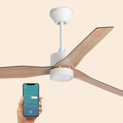 ventyly / ORIGINAL/Ventilateur de plafond blanc avec lumière, wifi et pales réversibles en érable blanc Ø120 cm/Ultra Silencieux, basse consommation, 6 Vitesses, Télécommande, Été-Hiver