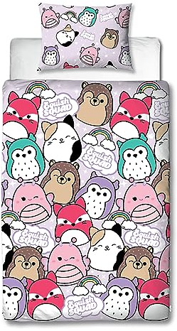 Character World Squishmallows Offizielles Polyester-Bettwäsche-Set für Einzelbett, helles Design, wendbar, 2-seitig, Squish Squad, offizielles Lizenzprodukt, inklusive passendem Kissenbezug,