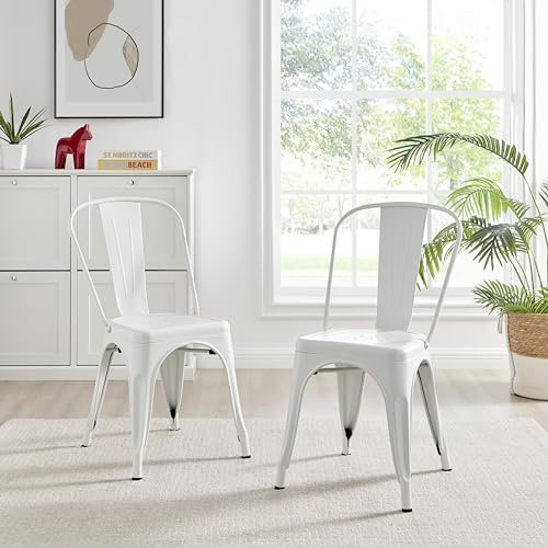 Furniturebox UK Colton 2x White Metal Dining Chairs for Kitchen Or Dining Room Tolix Inspired Steel Powder Coated Stackable Lightweight Retro Bistro Industrial Dining Furniture Set of 2 White Chairs