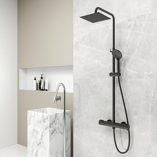 Aica Sanitarios Columna de Ducha Termostática Negro Mate Cuadrada Alcachofa de Ducha con Barra Redondo Rociador de Mano 3 Tipos de Chorro Ajustable Ducha Lluvia para Baño
