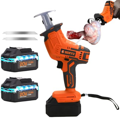 CHHMAELOVE 48VF Electric Butchers Saw for Meat and Bones - Stainless Steel Lithium Battery Bone Saw for Home Use with 225mm Length Blade*2+2.0 ah Batteries*2, Meat and Bone Cutting Tool