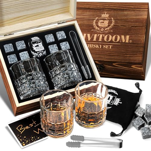 Whiskey Glass Set for Dad, Whisky Scotch Bourbon Glass Wooden Box with 8 Whisky Rocks Chilling Stone–Whisky Glasses Set of 2, Gift for Dad, Husband, Men