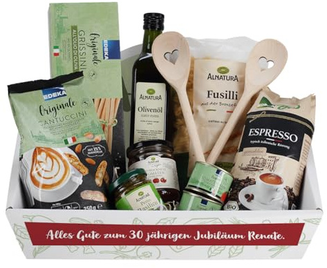 Herz & Heim® Gefüllter Präsentkorb mit Nudeln, Grissini und anderen Köstlichkeiten (Alles Gute)