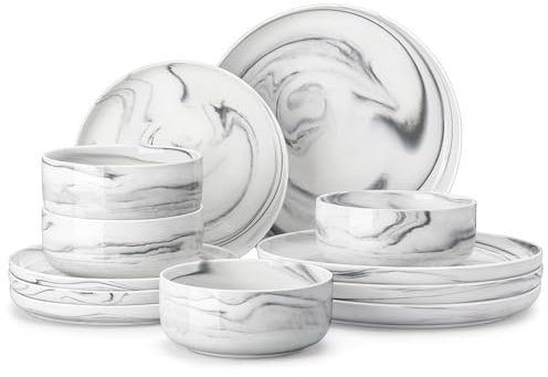 MALACASA Vajillas Completas para 4 Personas, Juego de Vajillas de Porcelana 12 Piezas con Platos Llanos, Platos de Postre y Cuencos de Cereales, Apto para Lavavajillas, Efecto Mármol Gris, Serie LUNA