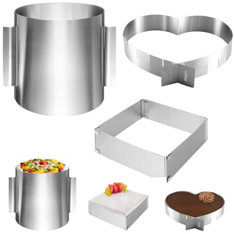 CEWROM Tortenring Verstellbar, Hoch Tortenring Set, Edelstahl 3er Set Backring Eckig, Rund, Herzbackform, Auslaufsicher Antihaft, für Backen Kuchen Torten, Pizza, Hochzeit, Weihnachten,Desserts Party