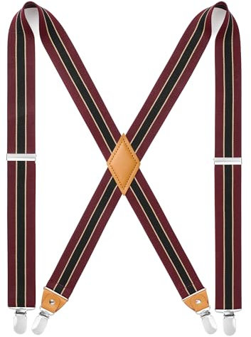 HISDERN Herren 3,5 cm breiter Hosenträger in X-Form mit sehr Starken 4 Metall Clip für Männer und Damen elastisch und verstellbar Burgund Streifen
