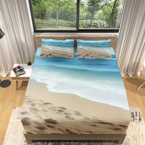 Spannbettlaken Set 180x200cm Hawaii-Strand-Ozean Muster Spannbetttuch Weiche Atmungsaktiv Microfaser mit 2 Kissenbezug, Blau Spannbetttücher für bis 25-30 cm Matraze