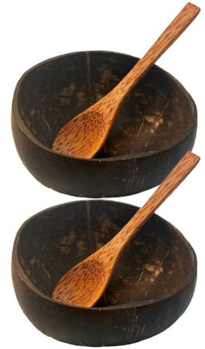 Tsffae 2 Sets Coconut Bowls with 2 Wooden Spoon Natural Coconut Bowl Handmade Wooden Tableware Wood Spoon Dessert Fruit Salad Mixing Bowl Rice Ramen Bowl
