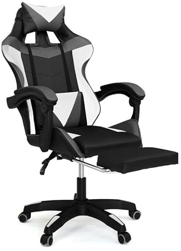 IDMarket - Fauteuil de Gaming Alex réglable avec Repose-Pied, Coussin de tête et Coussin Lombaire Noir Blanc et Gris