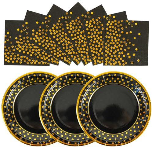 AHPYEUHK 50 Pack Paper Plates and Napkins - 25 * 7inch Dessert Plates & 25 * 6.5inch Napkins for Birthday, Baby Showers and Wedding Party Decorations (Black-Gold)