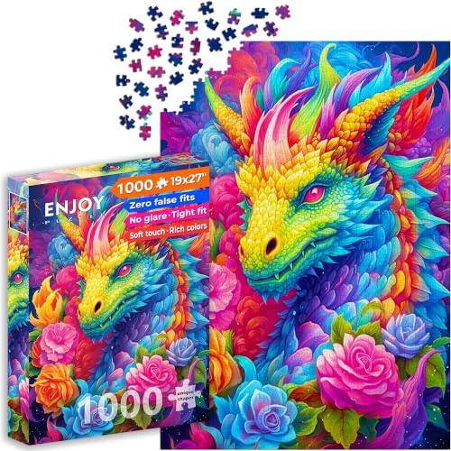 Puzzle 1000 Teile für Erwachsene - Regenbogendrache in Blumen | Matt & blendfrei | Unterhaltsam & anspruchsvoll | 68 x 48 cm | Besonderes Geschenk | Enjoy