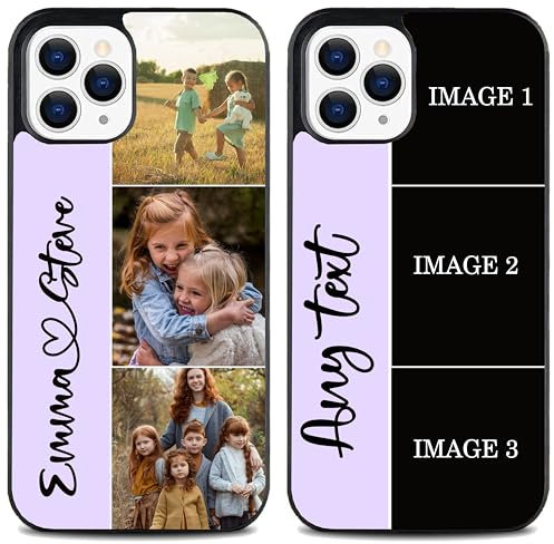EKAM Personalised Phone Case For Apple iPhone 16, 15, 14, Pro, Max, Mini, Plus 13, 12, 11, X, XS, XR, SE, 8, 7 - Add Your Text & 3 photos multiple Picture Custom Design PC + Soft TPU Case (Lavender)