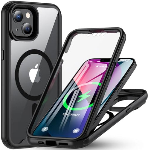 ottpluscase Magnetische Hülle für iPhone 13/14, Kompatibel mit MagSafe, mit Integriertem Displayschutz, 360 Grad Ganzkörper Stoßfest Outdoor Handyhülle - Schwarz