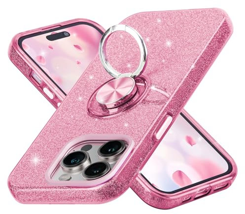 wisdompro Glitter Case for iPhone 14 Pro Max, Bling Sparkle Case with 360° Ring Kickstand for Girls Women, Cute Protective Cover for iPhone 14 Pro Max (6.7 Inch) - Pink