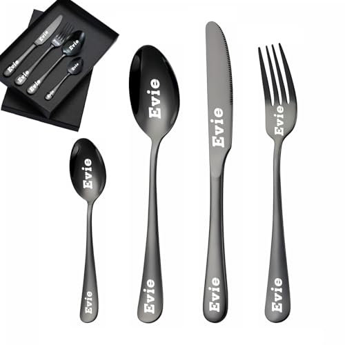 custyoulife Custom Engraved Cutlery Set, 1 Set of 4 Pieces, Stainless Steel, Personalized Adult Cutlery Set, Fork, Knife, Spoon and Teaspoon (Black)