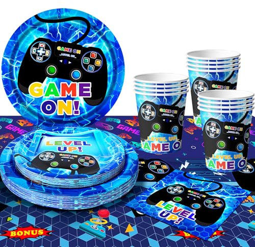 Vaisselle Fête de Jeu Vidéo, Jeu Vidéo Party Vaisselle Set - Vidéo Assiettes & Jeu Vidéo Tasses en Carton Serviettes Nappe etc Jeu Vidéo Fournitures de Fête pour Garçons et Joueurs (16 Invités)