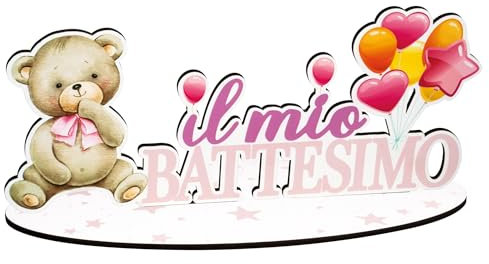 Centrotavola Maxi Scritta in Legno per Eventi Speciali Decorazione Festa Tavolo Torta Idea Regalo per Party Accessori Celebrazioni (Il Mio Battesimo Rosa con Orsacchiotto 35x16 cm)