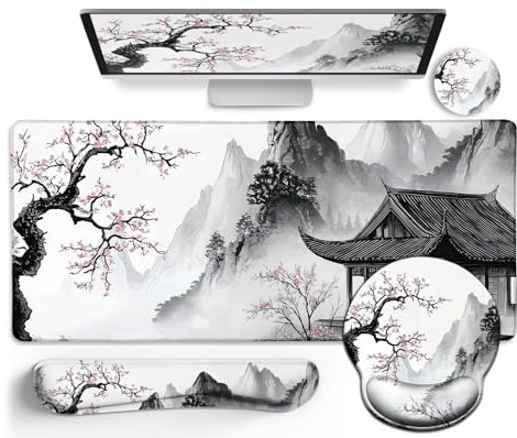 LIMKRIAN Japanese Ergonomic Mouse Pad Set, Large Desk Matt for Desktop | Mousepad Gel Wrist Rest, Memory Foam Keyboard Wrist Support, Gaming Computer Mat, Coaster, Anime Office Desk Accessories
