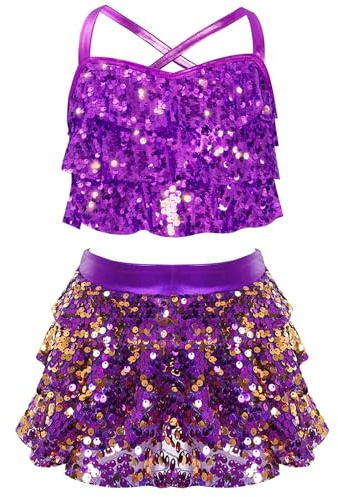 renvena Paillettes Abito da Ballo Latino Americano Bambina Ragazza Crop Top Reggiseno + Tutu Gonna di Danza Classica Tuta da Pattinaggio Artistico Dancewear