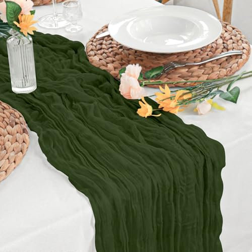 Sevenpers Tischläufer Wald Grün,90x300cm Gaze für eine breite Palette von Dekoration Bedürfnissen,Boho Tischläufer Dekostoff für Babyparty Taufdeko Geburtstagsfeiern Jugendweihe,Schulkind
