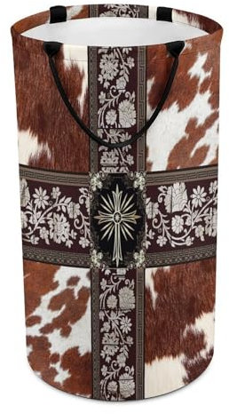 Wäschekorb mit abstraktem Kuhfell-Aufdruck, großes Volumen, Vintage-Stil, Mitte des Jahrhunderts, Western-Rindslederfell, Blumenmotiv, Korb für schmutzige Wäsche, Aufbewahrung für Wohnheim und Familie