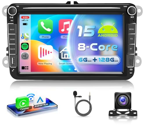 VECHTEL 8 Núcleo 6G+128G Android 15 Radio Coche para VW Golf 5 6 Passat Jetta Caddy EOS T5 Tiguan Touran CC Polo, 8'' IPS Pantalla Táctil Carplay Android Auto GPS Wi-Fi Bluetooth Tipo-C FM RDS Cámara