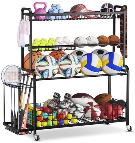 VOPEAK Oversized Sports Equipment Organizer, 4 Layers Rolling Ball Storage Rack for Garage Storage with Wheels Removable Hooks and Baskets Large Capacity Black Ball Holder for Toy Sports Gear Storage