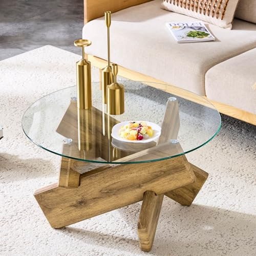 PUGSDRLY Table Basse Ronde 79x79x45cm, Plateau en Verre trempé, Cadre croisé, Design épuré et Tendance, Idéale pour Appartement, Salon ou Petits espaces (Wood)