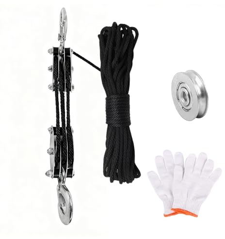 Rope Pulley Hoist with Metal Bearing 300kg Max Load, 15 m (49.2 ft) Nylon Rope 6:1 Heavy duty Steel Hooks Lifting Pulley Block for Hunting Garage Warehouse Construction (3 Pulleys 15M)