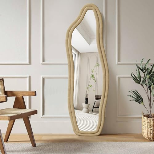 Aneutr Specchio a figura intera 140 x 45 cm, Specchio da terra asimmetrico con struttura curva e bordo in velluto, Grande specchio da parete per camera da letto, soggiorno, da appendere/da terra (Oro