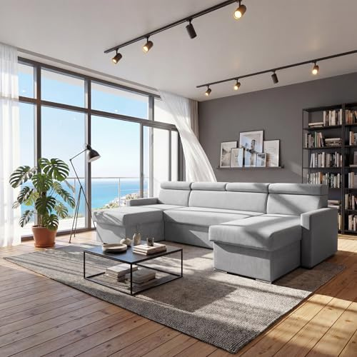 SOFILAND Vega U Ecksofa nach Maß | Breite anpassbar | Schlaffunktion 2 Bettkasten U-Form verstellbare Kopfstützen Samt-Stoff Best 305x151 cm (Hellgrau)