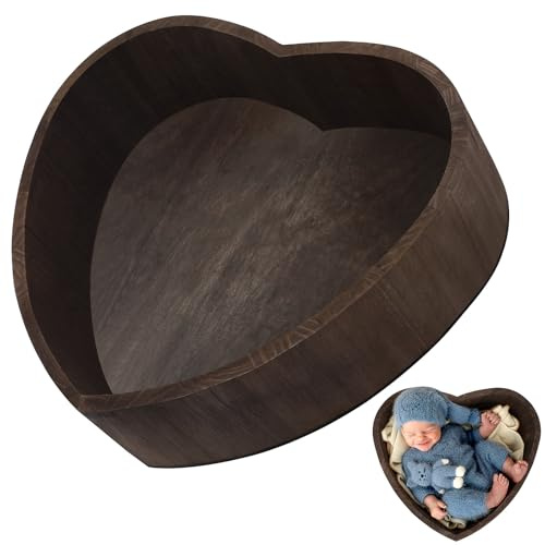 Herzförmiger Holzkorb in Kaffee für Neugeborenen Fotos, Posingbox | 1 Stück, Requisite für Fotoshootings, Fotografie Zubehör, Hübscher Holzkorb