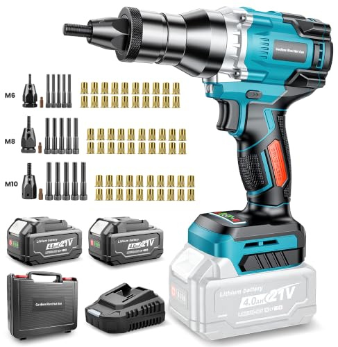 YEARTOP Cordless Rivnut Tool Brushless Compatible with Makita 18V Battery | M6/M8/M10 Mandrels, Auto/Manual Modes, Electric Rivet Nut Gun with 2x 4000mAh Batteries for Automotive Sheet Metal Repair