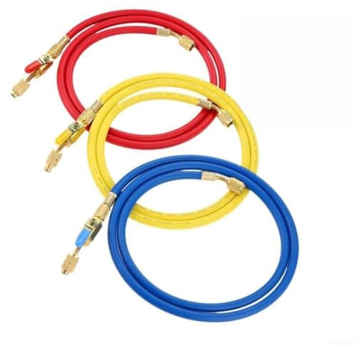HVAC - Set di tubi flessibili con valvola a sfera in 3 colori per R410A R134A R407C, in ottone e gomma, sfiato rapido da 1/4 di pollice per climatizzatore e manutenzione, giallo blu da 1,5 m a 1,8 m