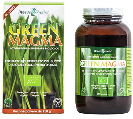 GREEN MAGMA® - 150 gr Polvere - UNICO IN ITALIA - a base di succo di giovani foglie di Erba d’orzo estratte a crudo con tecnologia Spray Dry, certificato 100% biologico e crudo.