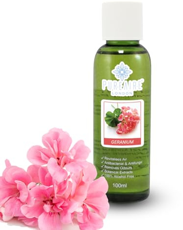 PureAire Essential Oil Blend Geranium 100ml Essential Oils for Diffusers for Home Aroma Essence for Diffusers Air Purifiers Aromatherapy Relaxation Botanical Extracts Water Soluble Fragrance Floral