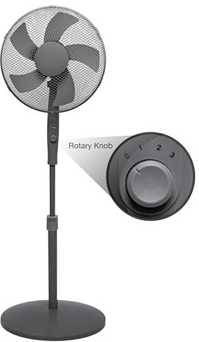 Knight 16 Pedestal Stand Fan with Rotary Knob | Round Base | 140cm Adjustable Height | 3-Speed Setting | Heavy Round Base | Oscillating & Tilting Head | Matt Grey | Patent Design