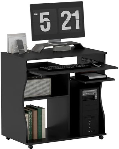 HOMCOM Computertisch Schreibtisch mit Rollen Bürotisch mit Tastaturablage, Ablage, PC Tisch Schwarz 80 x 48 x 75 cm
