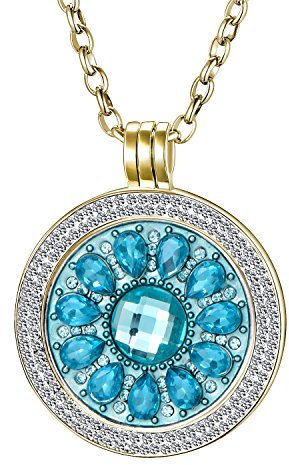 Morella Damen Halskette Gold 70 cm Edelstahl und Zirkonia Anhänger mit Coin Blüte Zirkonia türkis 33 mm im Schmuckbeutel