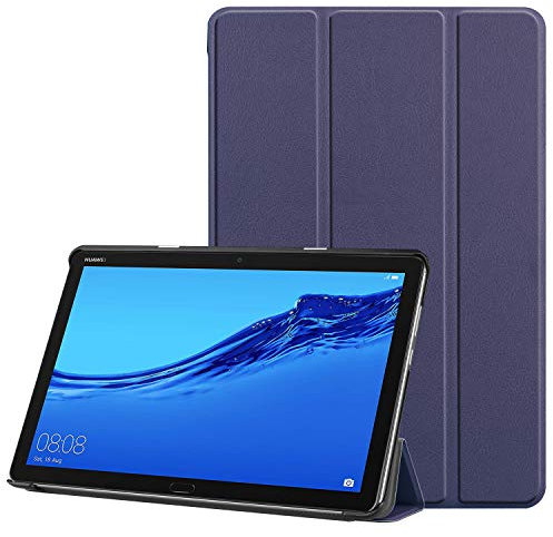 3-Folding Leather Case for Huawei MediaPad T5, 10-inch Folio PU Ultra Slim Fit Protective Auto Sleep/Wake Magnetic Flip Tablet Cover for Media Pad T5 10.1 2018 with Kickstand (Dark Blue)