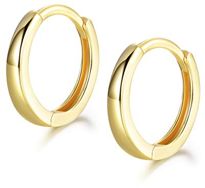 Shuxin Hoop Earrings 925 Sterling Silver, Glossy Huggie Hinged Earrings for Women & Men, Diameter 13mm Hypoallergenic Gold Small Sleeper Hoops Earrings