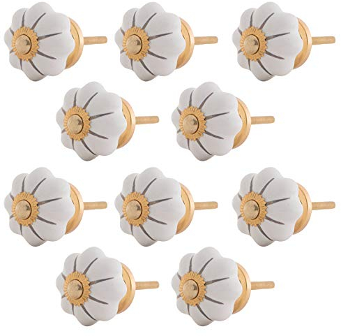 Knober 10 X Möbelknopf Kürbisform klein Keramik Porzellan Vintage Landhausstil Shabby-Chic 34 Ø klassisch edel verziert (Weiss mit goldener Montur)