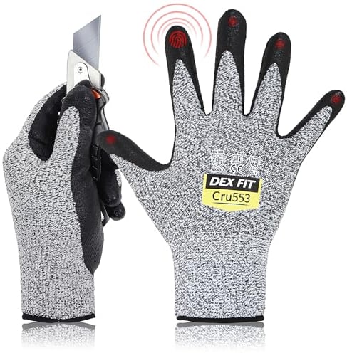 DEX FIT Level 5 Cut Schnittfeste Handschuhe Cru553, 3D Komfort Stretch Fit, Power Grip, Strapazierfähiger Schaumnitril, Smart Touch, Maschinenwaschbar, Dünn & Leicht, Grau 7 (S) 1 Paar