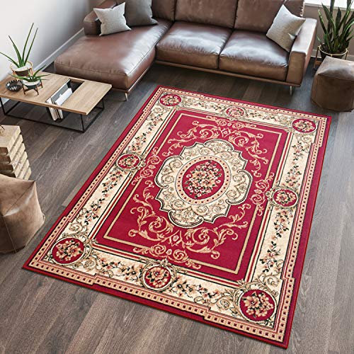 TAPISO Atlas Teppich Kurzflor Rot Creme Klassisch Orientteppich Mäander Orient Floral Design Wohnzimmer Schlafzimmer Vintage ÖKOTEX 120 x 170 cm