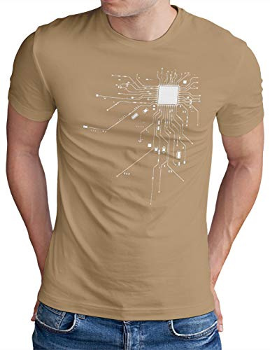 OM3® Computer-Chip-Heart T-Shirt - Herren - Geek CPU Nerd IT Admin Coder - Khaki, L